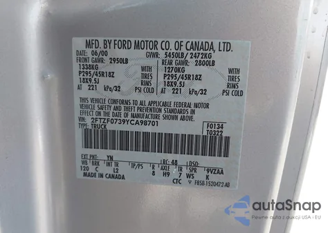 2000 Ford F-150 Svt Lightning из США, поврежденный, VIN 2FTZF0739YCA98701